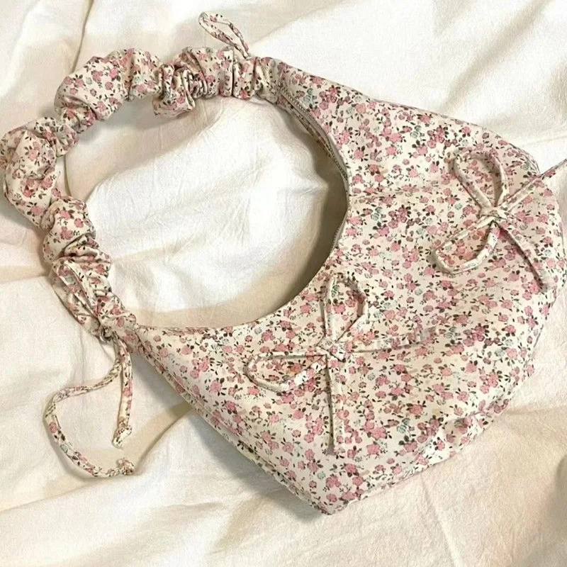 

MBTI Floral Womens Shoulder Bag Elegant Cute Literary Sweet Fashion Handbag Pleated Bow Exquisite All-match Canvas Armpit Bag