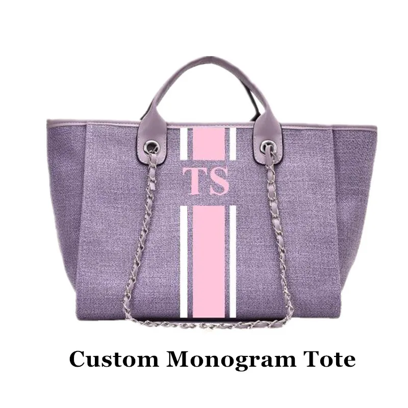 

Customize Canvas Tote Bag Lilac Design Your Own monogram striped Big Mama and mini size canvas handbag beach travel bags totes