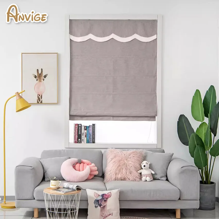 

Modern Motorized Grey Fabric Flat Roman Shades With White Border Top Heading Customized Roman Blinds With Installation Included