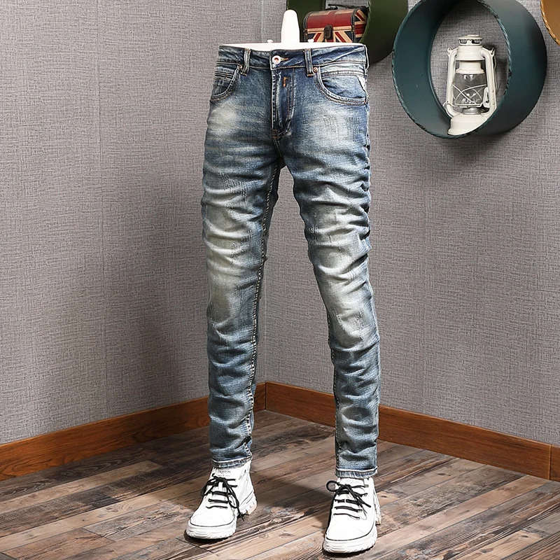 

Fashion Streetwear Men Jeans Retro Blue Elastic Slim Fit Ripped Jeans Men Italian Vintage Designer Casual Denim Pants Hombre