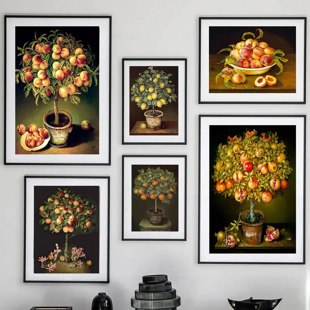 Vintage Fruit Tree Still Life Canvas Painting Peach Pomegranate Apple Lemon Orange Prints Posters Wall Art Picture Kitchen Decor