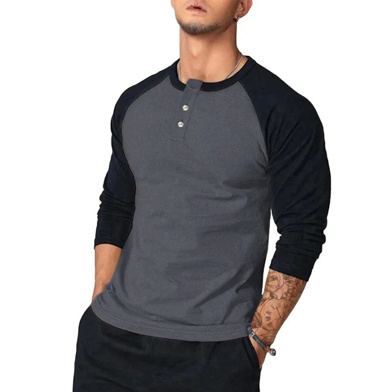 New Men\'s Casual T-shirt Men\'s Round Neck Slim Arm Color-blocked Long Sleeve T-shirt European and American Base Shirt