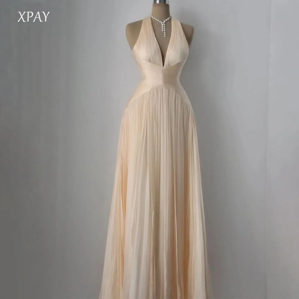 XPAY Sexy V-Neck Champagne Chiffon Evening Dresses Customized Sleeveless Women Party Dress Formal Celebrity Gowns Quinceanera