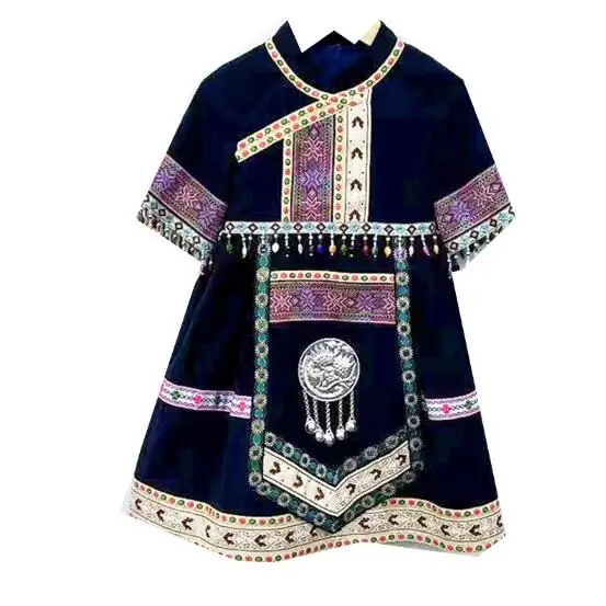 

Summer Girls' Ethnic Minority Style Retro Printed Short Sleeve New Chinese Princess Dress