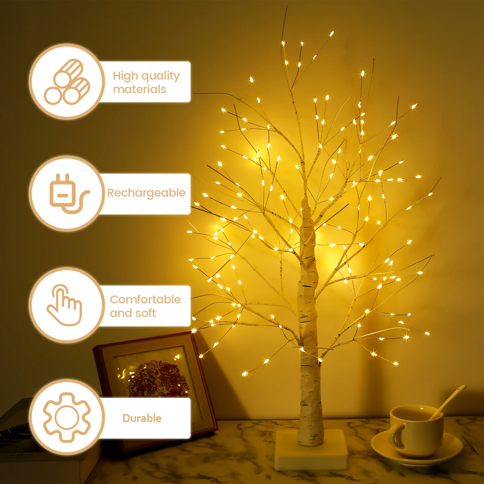 New LED Birch Tree Light 144 LED Artificial Tree Lamp with Timer 24inch USB/Battery Operated Tabletop Birch Tree Light