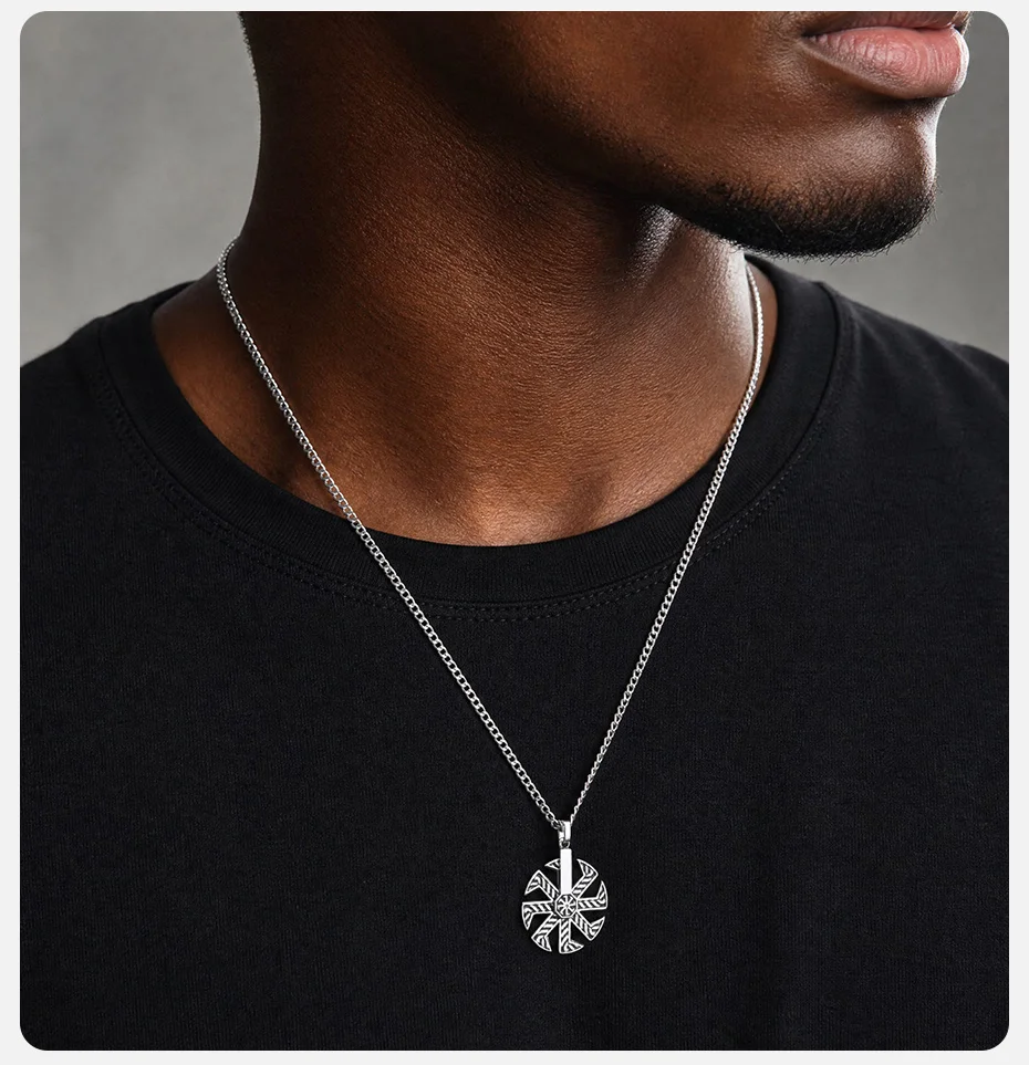 Vnox Drehbarer Kolovrat-Anhänger Halskette für Männer, Edelstahl Vintage Slawisches Symbol Amulett 60cm Gliederkette Punk Schmuck Geschenk – Detail 3