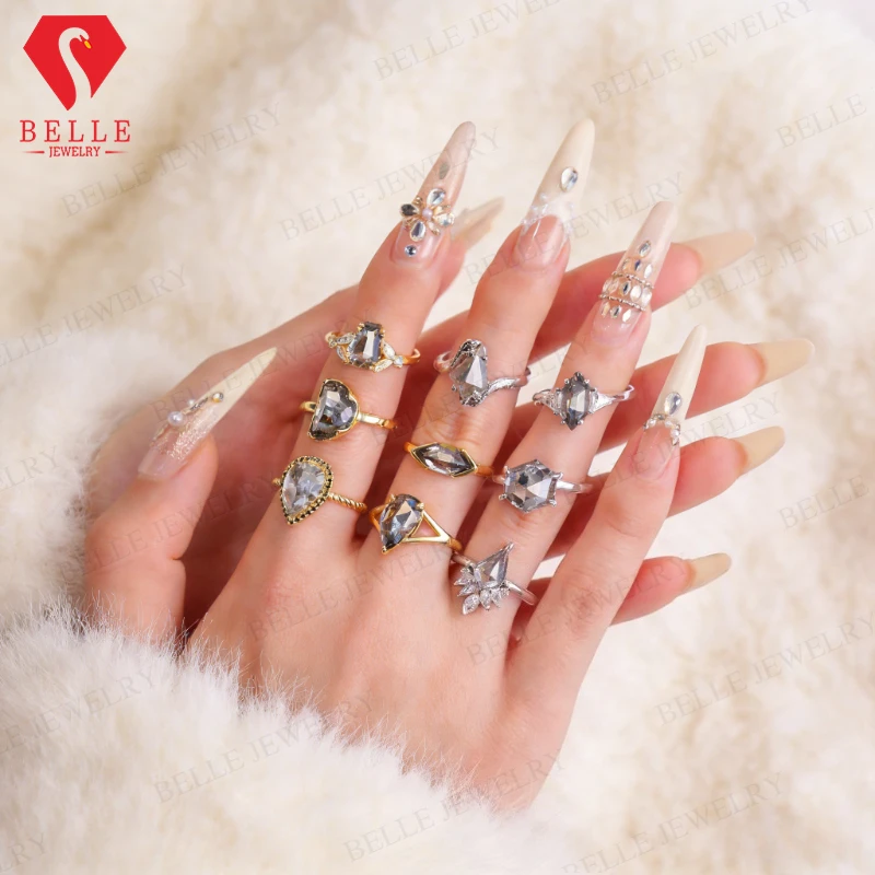 

Salt And Peper Diamond Ring Coffin/Kite/Hexagon 925 Sterling Silver Unique Bridal Geometric Diamond Ring Valentine's Day Gift