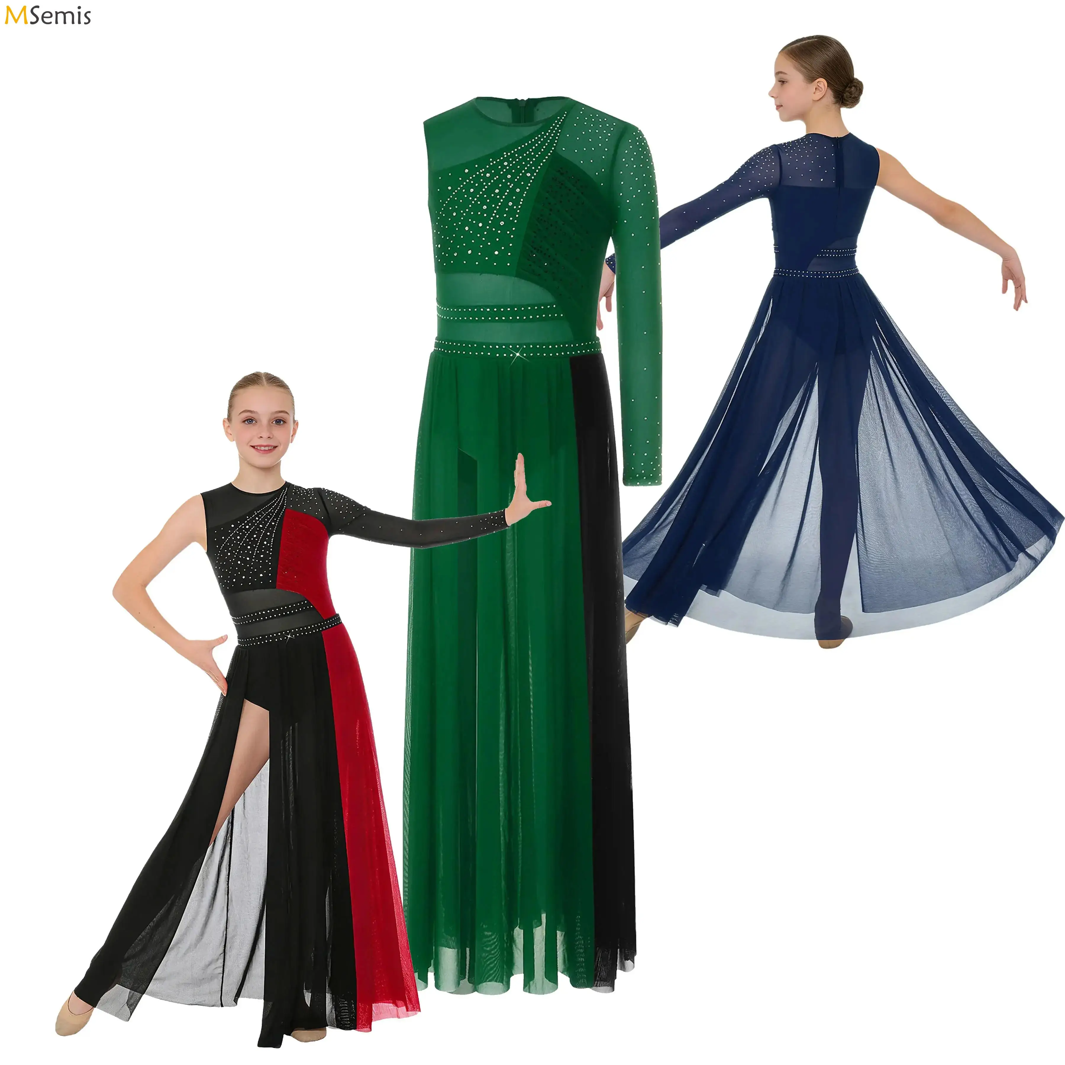 

Детское блестящее платье для балета и лирического танца с камнями, разрезом сбоку и сетчатыми вставками, для современного танца, фигурного катания и гимнастики