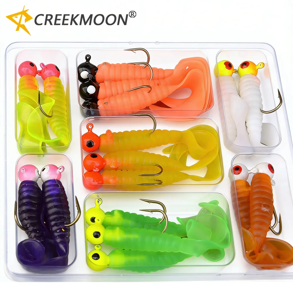 34 Peças 1 Conjunto: 17 Anzóis de Pesca com Cabeça de Jig de Metal + 17 Iscas Artificiais de Silicone em Formato de Minhoca (Grub) com Anzóis Afiados para Pesca