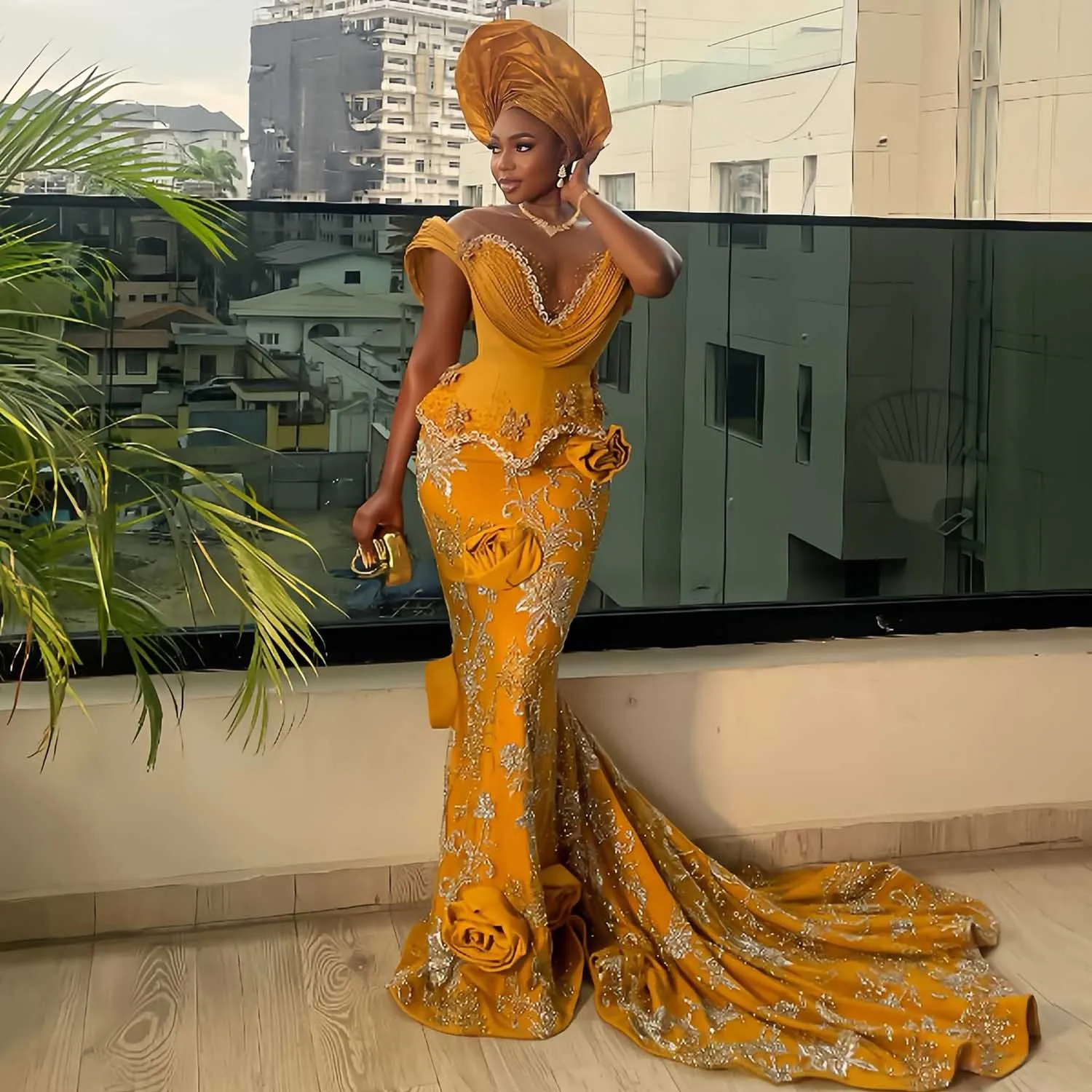

Nigerian Gold Luxury Evening Dresses Glitter Beaded Lace African Bridal Dress Wedding Reception Dress 3D Flower Birthday Dresses