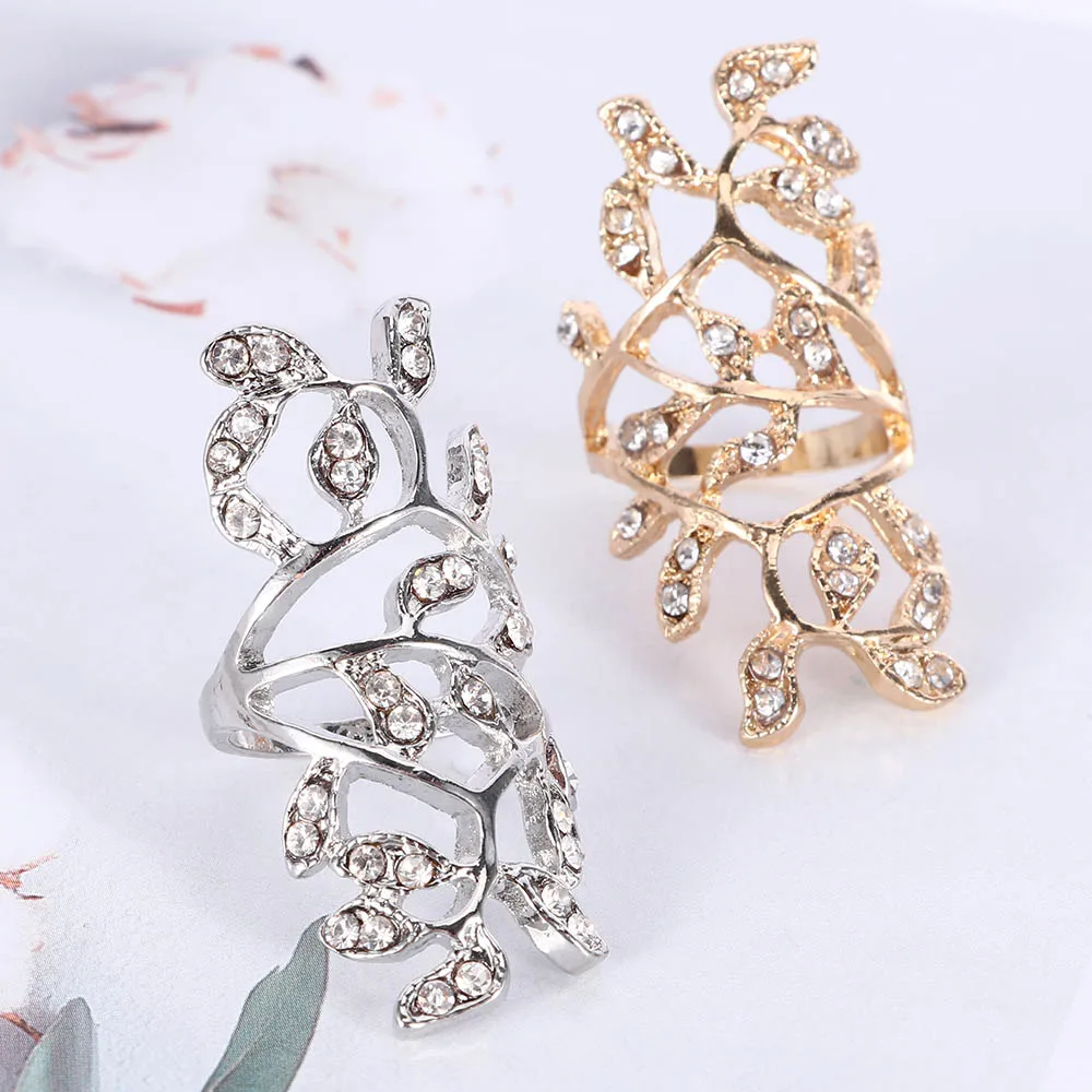 Fashion Bohemian Crystal Rings for Women Chic Design Gold Silver Plated Crystal Long Branch Leaves Knuckle Ring