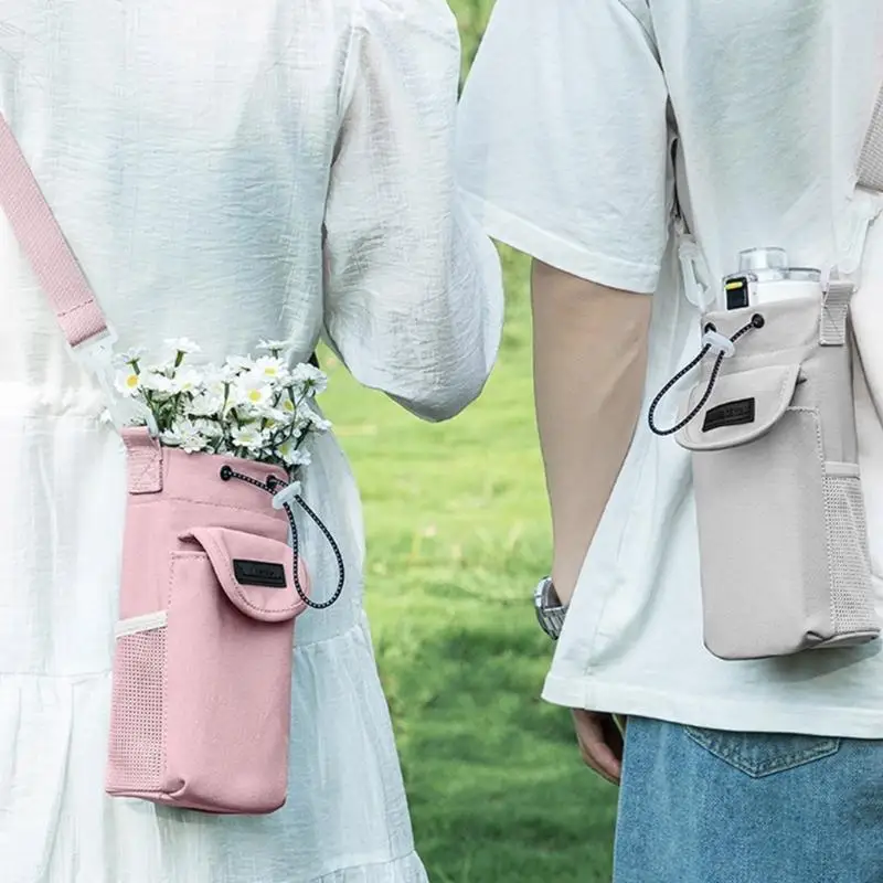 

E8BD Water Bottle Bag with Adjustable Strap and Storage Pocket Water Cup Sleeve Drinkware Holder for Hiking and Camping