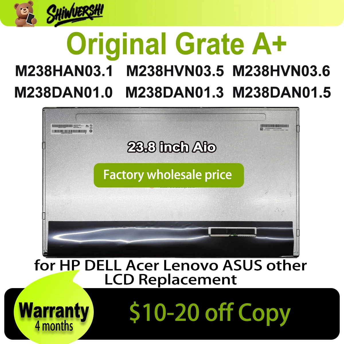 

Оригинальный экран 23,8 дюйма M238HAN03.1 M238HVN03.5 M238HVN03.6 M238DAN01.0 M238DAN01.3 M238DAN01.5 ЖК-дисплей в сборе