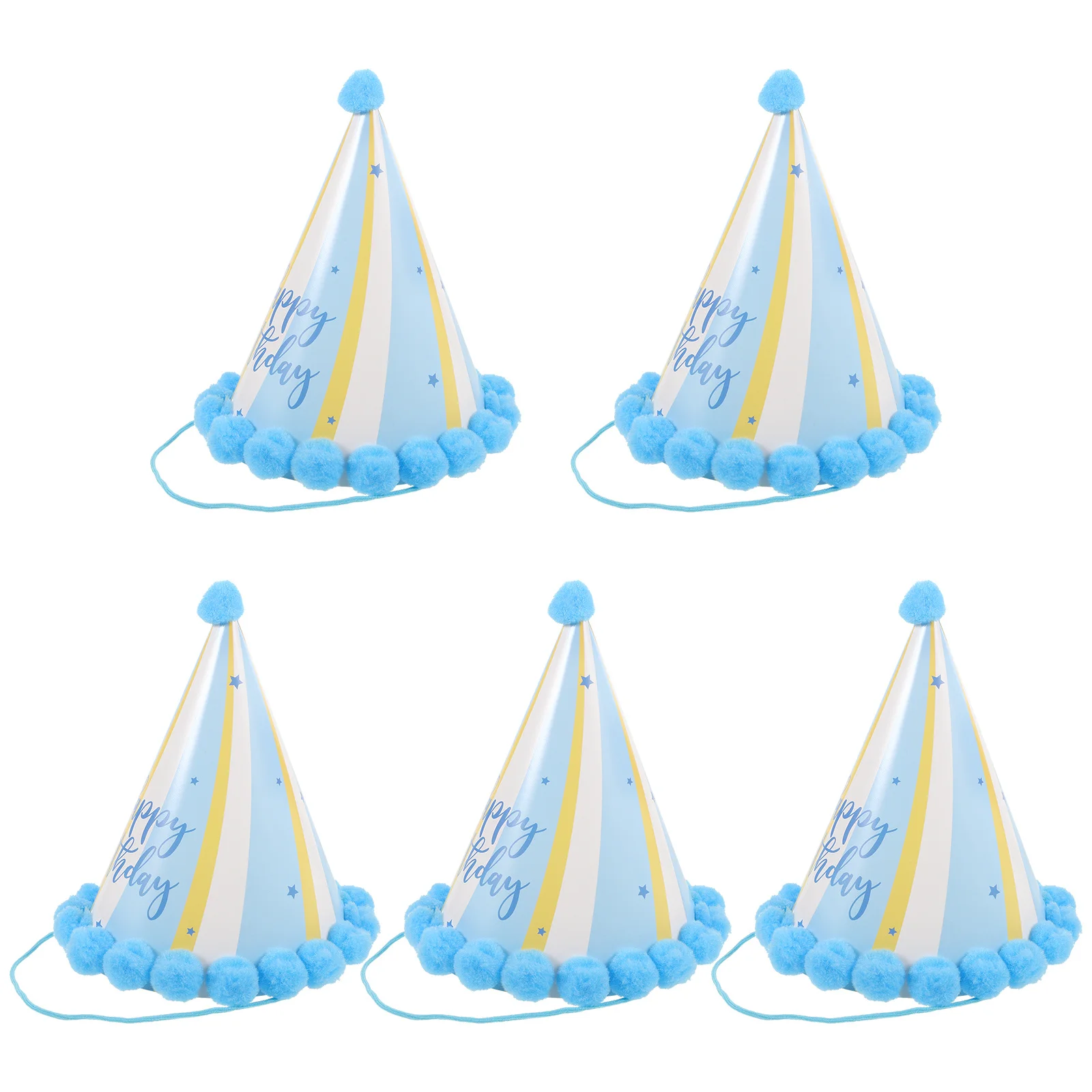 

5pcs Light Blue Cone Pompon Hats Shiny Paper Birthday Letter Print Party Hat Decorations For Festival Celebration
