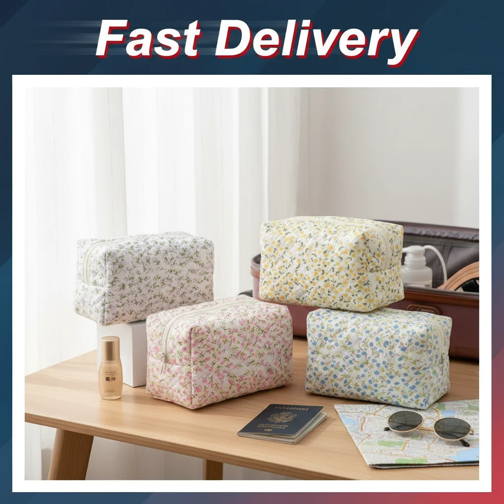 Large Women's Bag Floral Quilted Cosmetic Bag Large-capacity Cotton Fabric Storage Toiletries Bag For Cute Ladies Checkered Gift