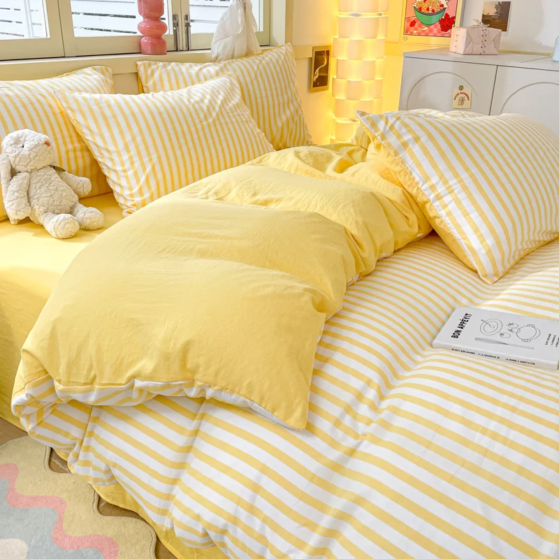 3pcs Yellow Stripe Duvet Cover Modern Geometry Bedding Set Fashion Home Comforter Cover Polyester Quilt Cover with 2 Pillowcases