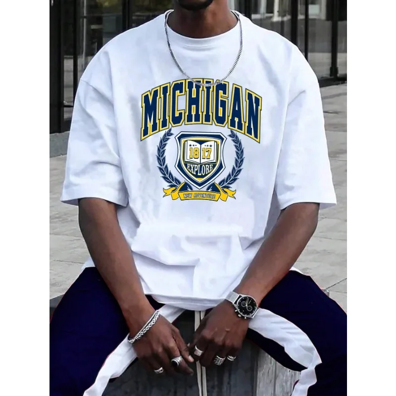 MICHIGAN Letter Retro Printed Men\'s T-shirt New Fashion Loose Size Couple T-shirt Trendy Street Hip Hop Y2K Men\'s Top T-shirt