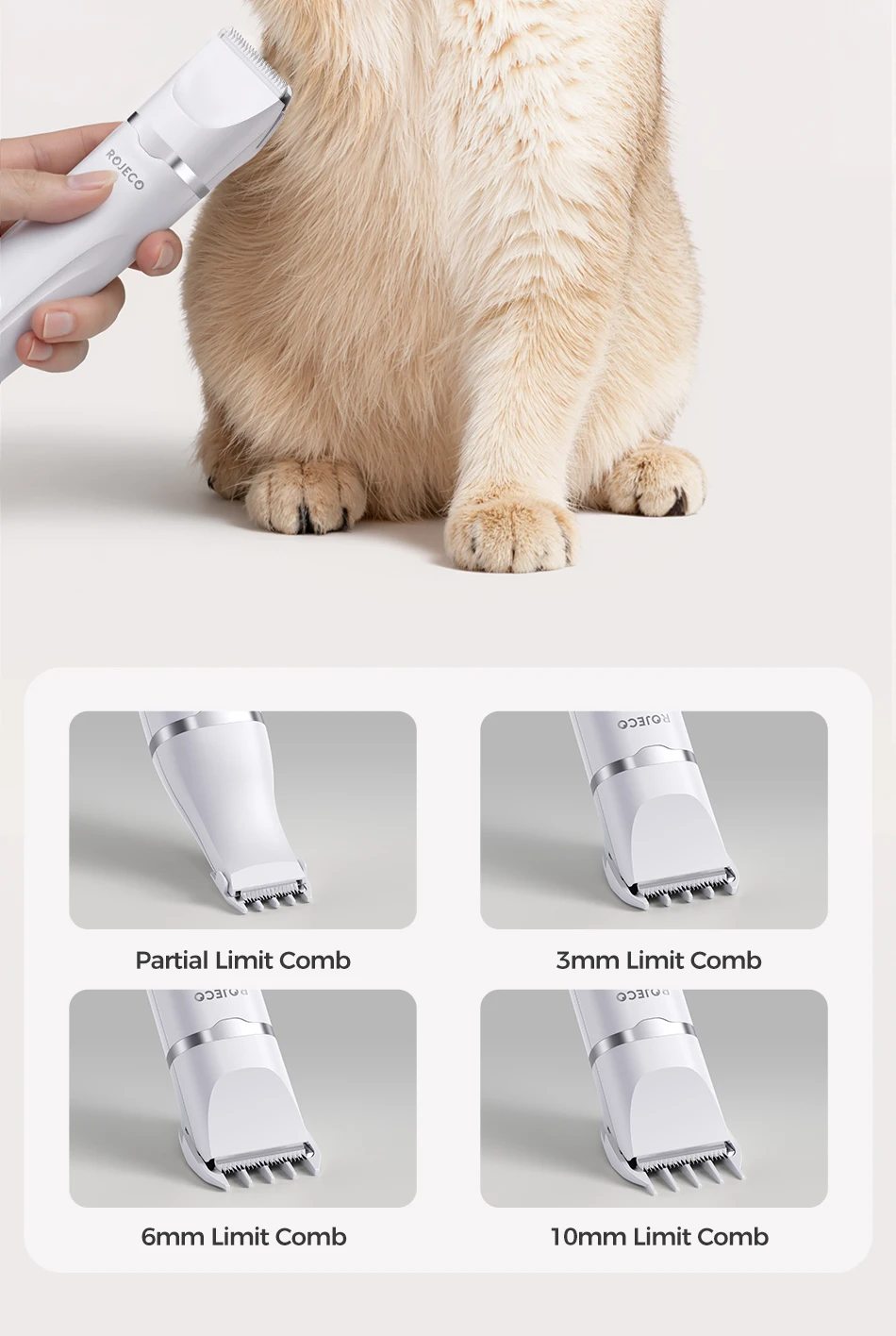 ROJECO Elektrischer Haustiertrimmer, 4-in-1, professionelles Pflegeset für Hunde- und Katzenhaare, multifunktionaler Hundetrimmer, Haarschneidemaschine, Rasierer – Detail 6