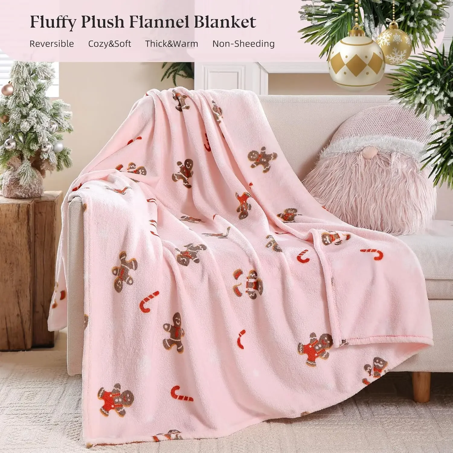 Pink Gingerbread Christmas Blanket Thick and warmblanket fluffy Suitable for winter sofa bed Home Decoration Camping