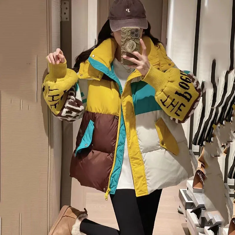 2023 New Fashion Streetwear Letter Stitching Puffer Jacket Women\'s Loose Parkas Winter Female Thick 90% Duck Down Coat