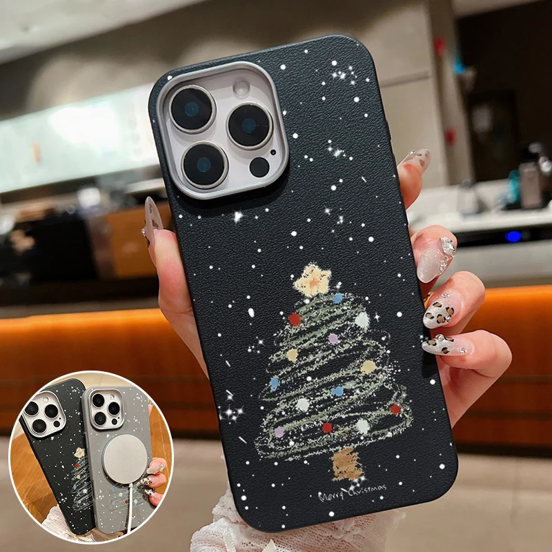 Leather Texture Magnetic Case For Magsafe For iPhone 16 15 Pro Max 14 Plus 13 12 Pro Max 11 Christmas Tree Soft TPU Phone Cover