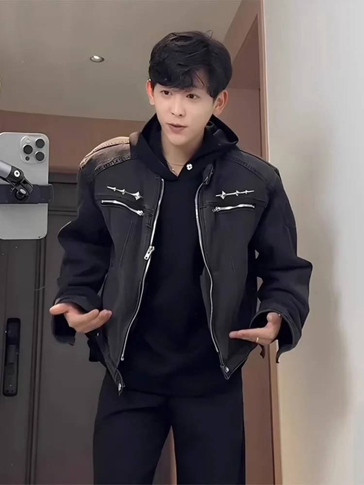 

Мужская джинсовая куртка American High Street с подкладкой, весна-осень, стиль High Street, для мотоциклистов, рабочая одежда...