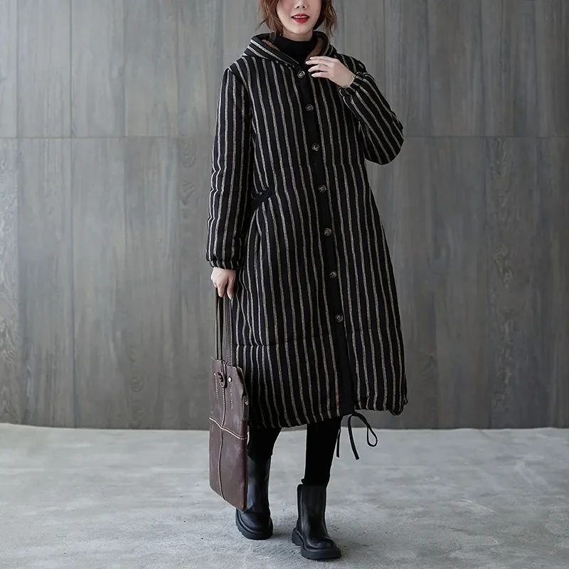 Retro Vertical Stripe Cotton Coat for Women's 2024 Winter New Loose Mid Length Knee Over Mother's Wear Plush Cotton Coat Coat B4