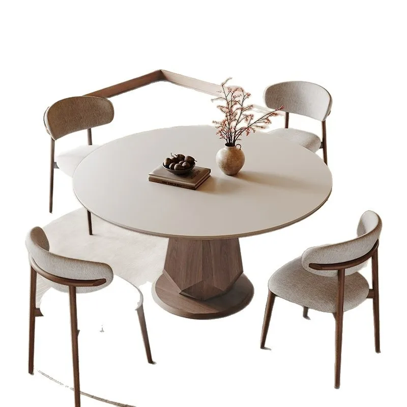 

Retro rock slab dining table turntable household small apartment round dining table simple antique solid wood dining table