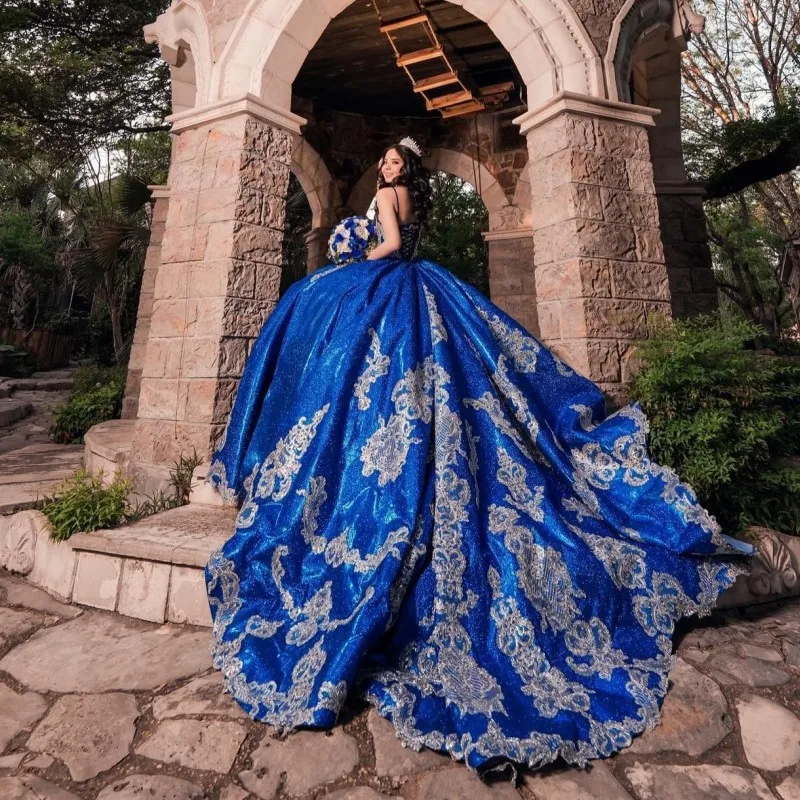 Shiny Blue Satin Quinceanera Dresses Ball Gown Applique Lace Spaghetti Strap Birthday Party Dress Lace-up Vestidos De 15 Años