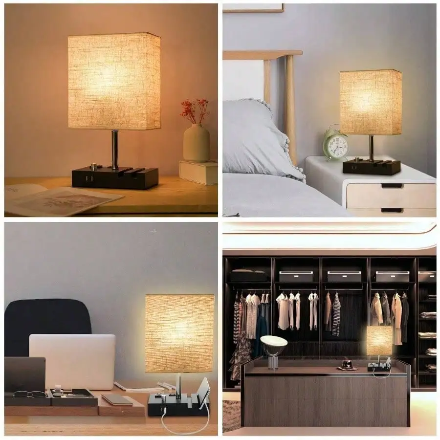 USB 포트 2개와 AC 콘센트 2개가 있는 침대 옆 탁상 램프, 패브릭 갓이 있는 완전 조광 가능한 나이트스탠드 램프, 침실용 휴대폰 거치대 2개