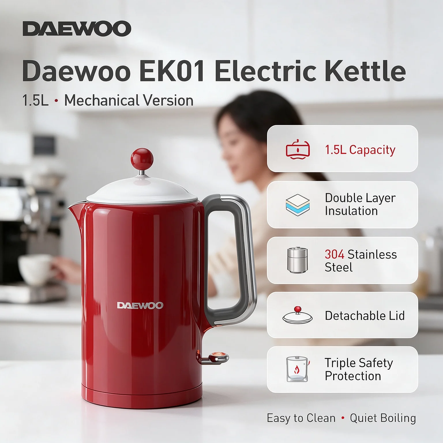 Daewoo EK01 Electric Kettle 1.5L Double Layer Heat Insulation 304 Stainless Steel Detachable Lid 3 Safety Protections