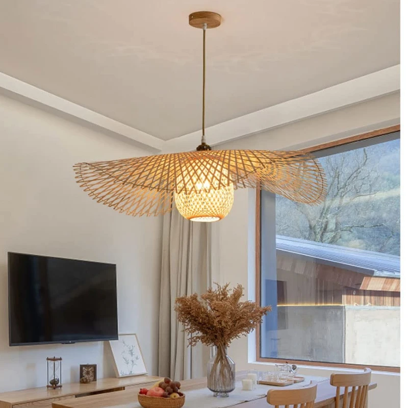 

Bohemian Bamboo Pendant Light - Handwoven Rattan Chandelier, Leaf Design Adjustable Hanging Lamp for Living Room/Cafe/Bedroom