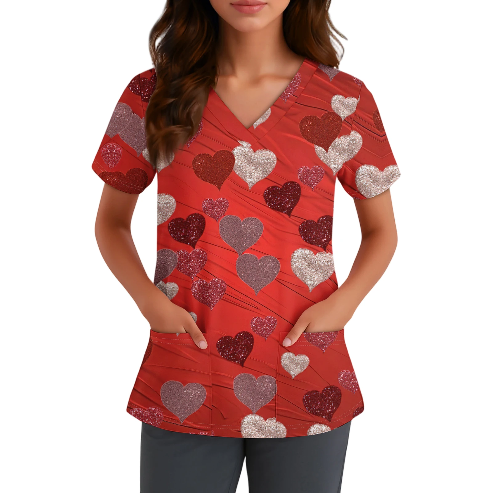 Uniforme d'infirmière pour femmes, haut à col en v en forme de cœur à paillettes rouges, chemisier à manches courtes avec poches pour adultes, vêtements brillants tendance pour la saint-valentin, 2026