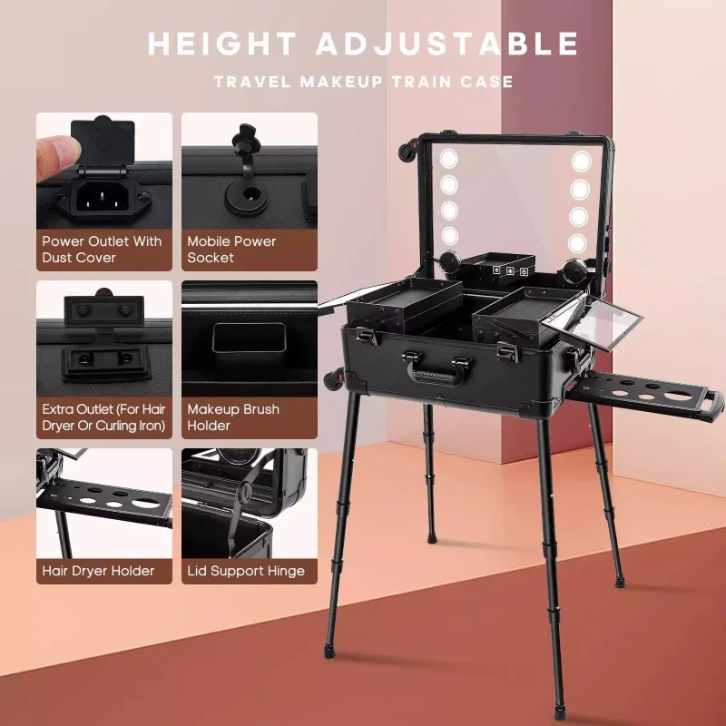 22-inch Makeup Case with Bluetooth and LED Lighting Makeup Artist's Trolley Storage Suitcase Box Plastic Containers Home
