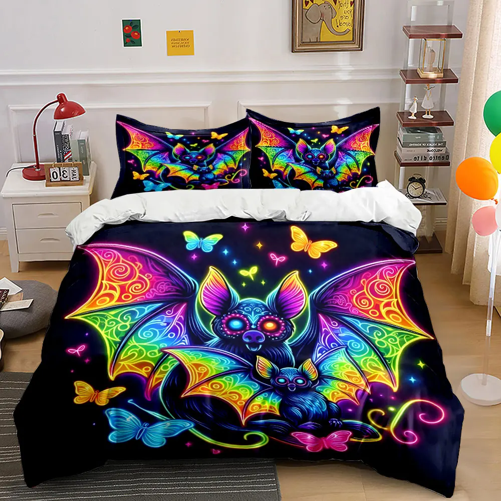 Neon bats with glowing butterflies Pattern Duvet Cover Set Digital Print Colorful Polyester Bedding with Zipper Closur for gifts
