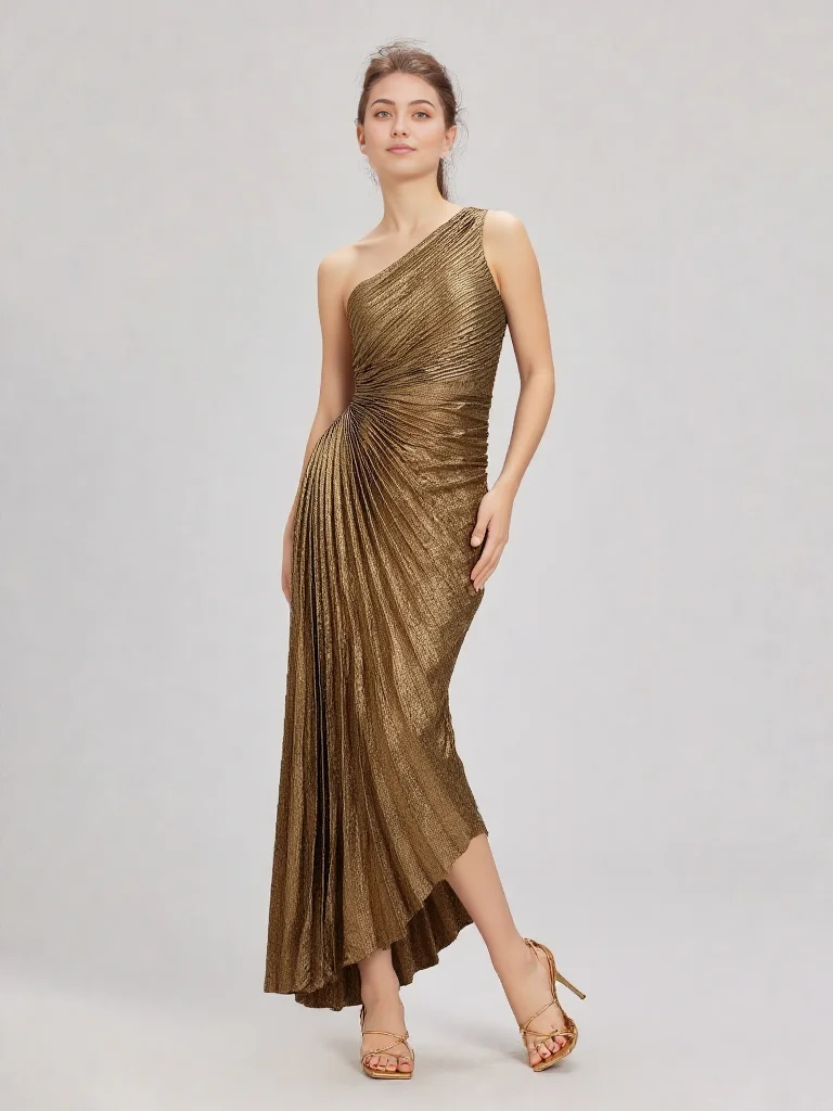 Sexy één schouder taille uitgesneden ruches geplooide gouden avondjurk