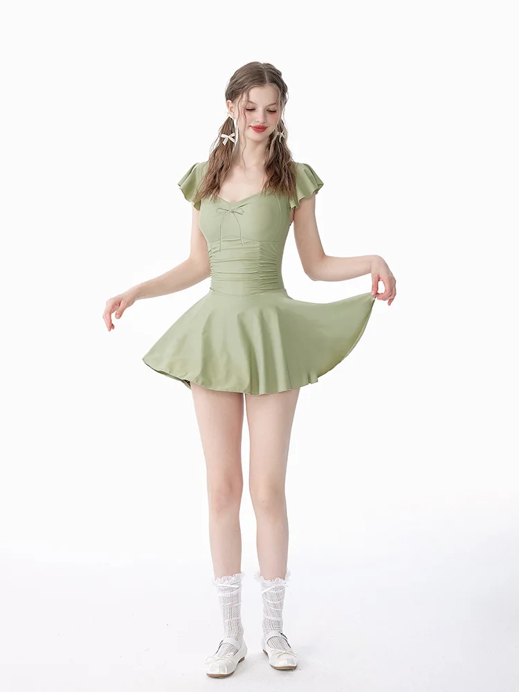 

Mascara Conservative Skirt Style Avocado Green Student High Sensation Hot Spring Swimsuit Women's One-Piece Swimsuit