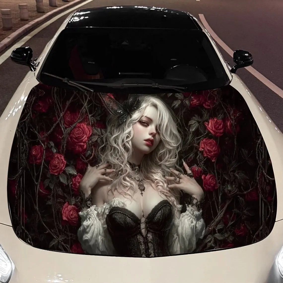 

Gothic Rose Girl Car Vinyl Wrap, PVC Material Waterproof Car Hood Sticker, Self-Adhesive Scratch-Resistant Stickers for Engine C