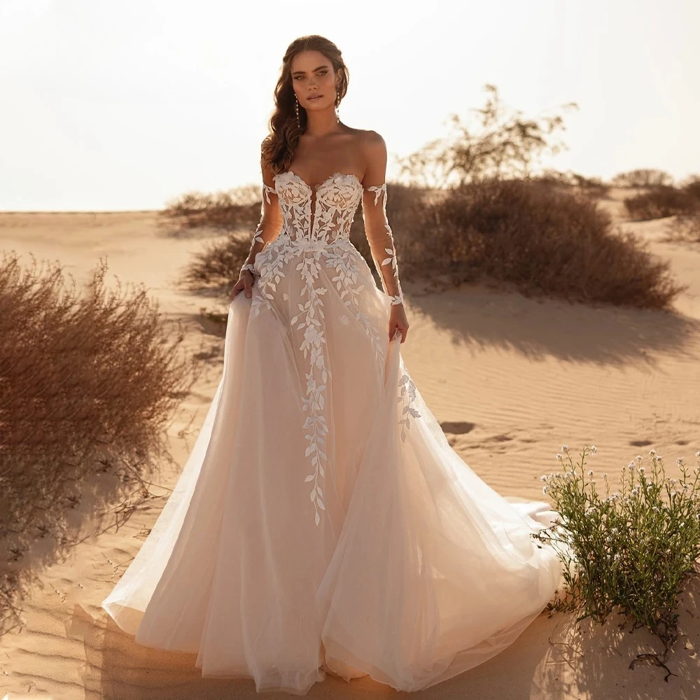 

Классические свадебные платья с открытыми плечами для невесты, кружевные аппликации, плиссировка, А-силуэт, свадебное платье на заказ, vestido de novia