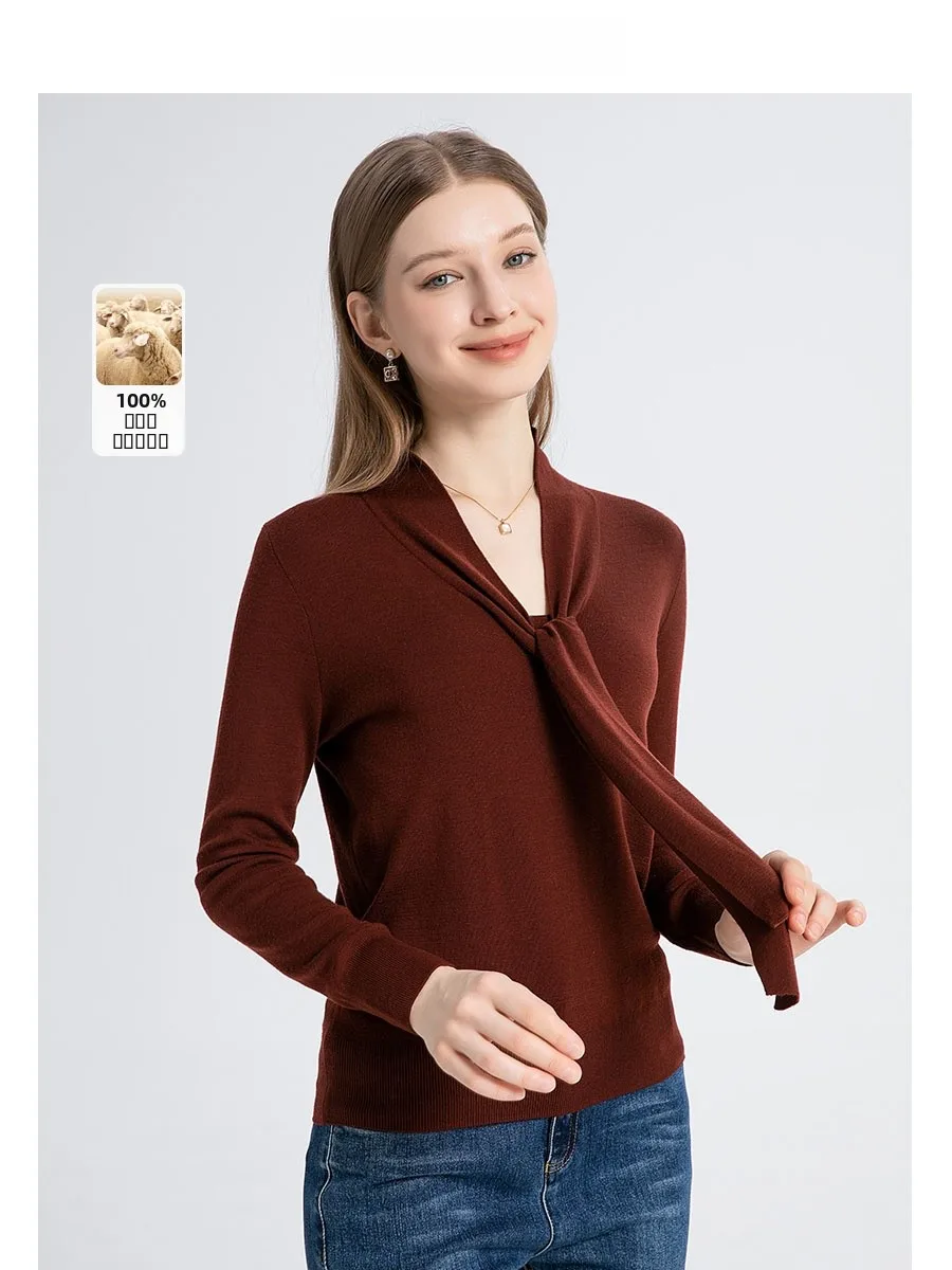 

Женский вязаный шерстяной топ V-Ne из 00% чистой шерсти с поясом, базовый слой, топ прямого кроя, обычный све, китайский бренд для поездок на работу