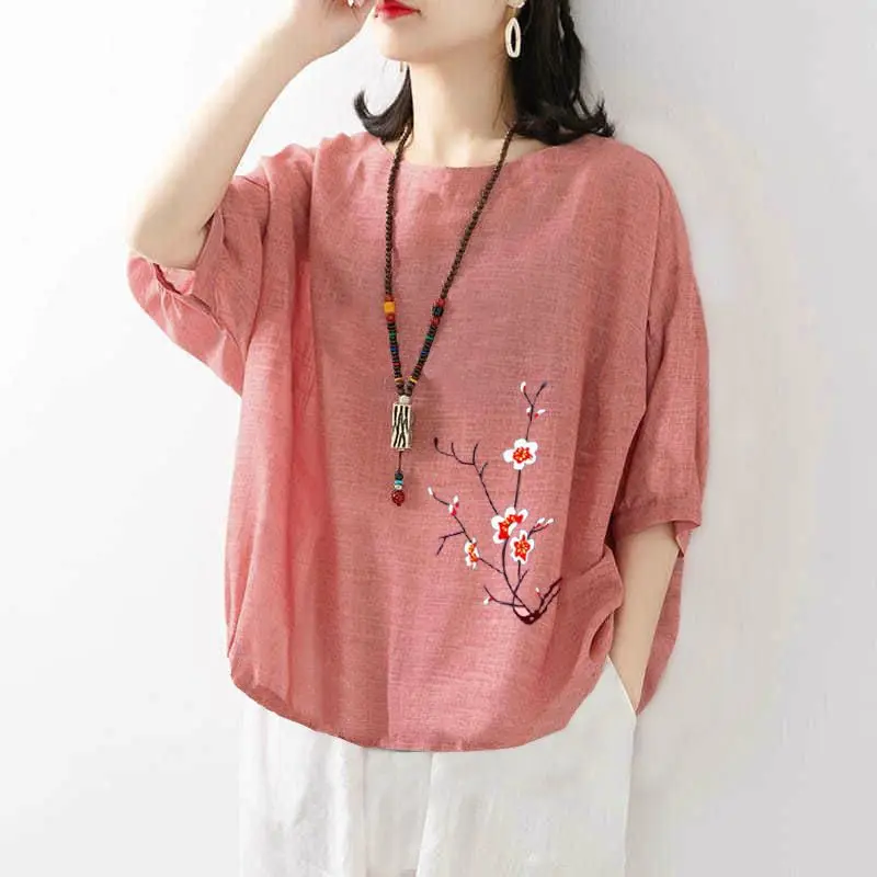 Women Summer Simplicity Loose Elegant Printing Cotton and Linen O-neck Short Sleeve T-Shirt Women Clothes Casual All-match Tops