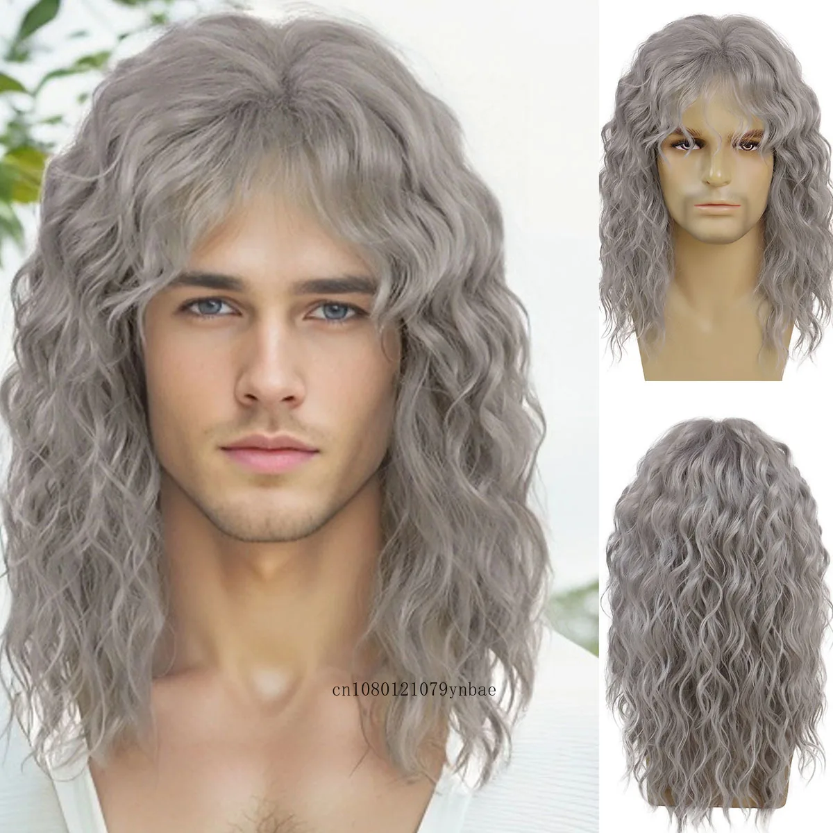 Grey Cosplay Synthetic Wigs for Older Men Halloween Long Wavy Wig with Bangs Natural Wave Carnival Party Hair Replacement Wig