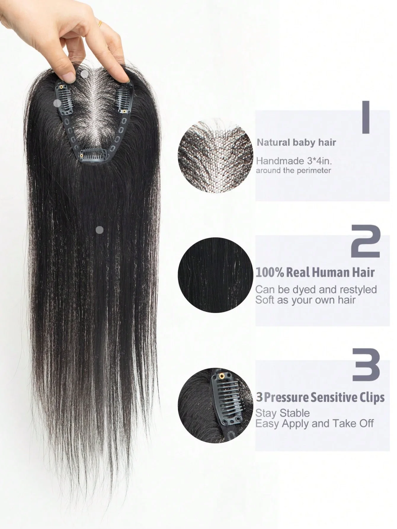 شعر بشري حقيقي 100% للنساء مشبك في قطع الشعر الحقيقية، قاعدة أحادية قابلة للتنفس لتغطية الشعر الرمادي الرقيق 1B أسود #3