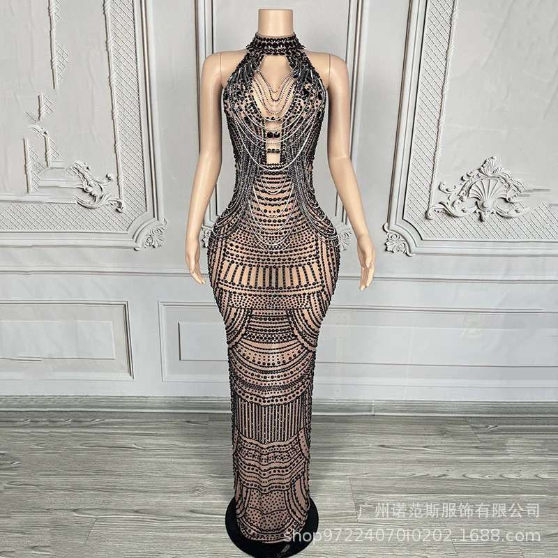 2025 고급 럭셔리 골드 체인 템퍼먼트 롱 드레스 연례 회의 여성용 고급 드레스 상업 공연 여성용