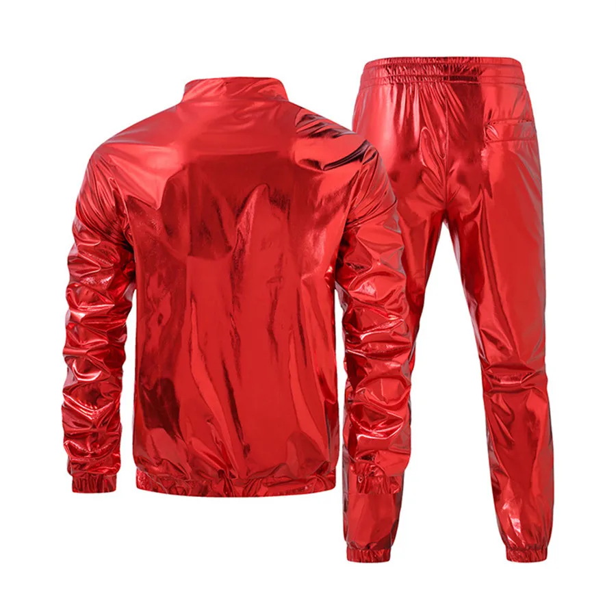 2026 New Red Men's Shiny Jacket and Long Pants Tracksuit Stand Collar Sports Suit Leisure 2 Piece Set Men Clothes Stage Costumes