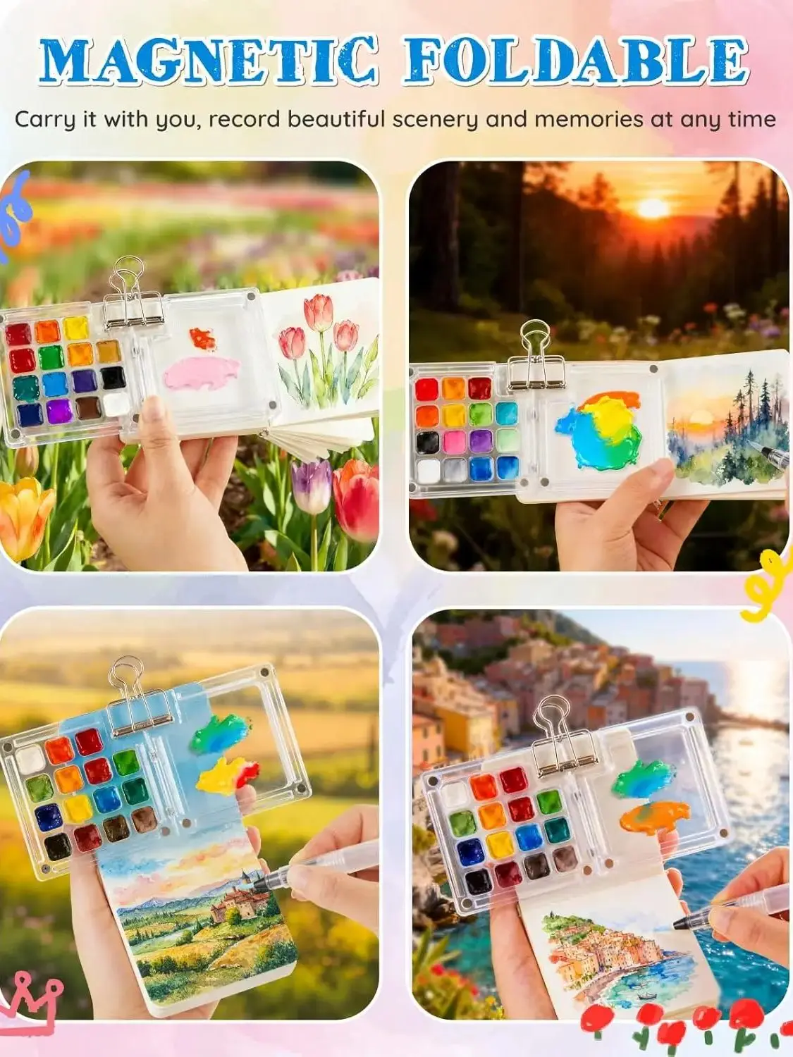 Mini Tragbare Aquarell-Farbpalette mit Pinsel und Clip, Reise-Malset, 8/15 Farben Raster-Farbbox – Detail 5
