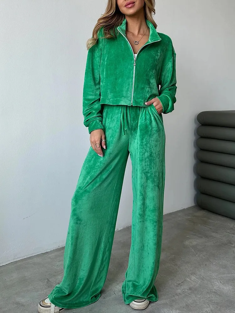 Long Sleeve Zipper Top Wide Leg Pants Two Pieces Matching Sets Women Autumn Winter Loungewear Solid Ladies Outfit Dropshipping