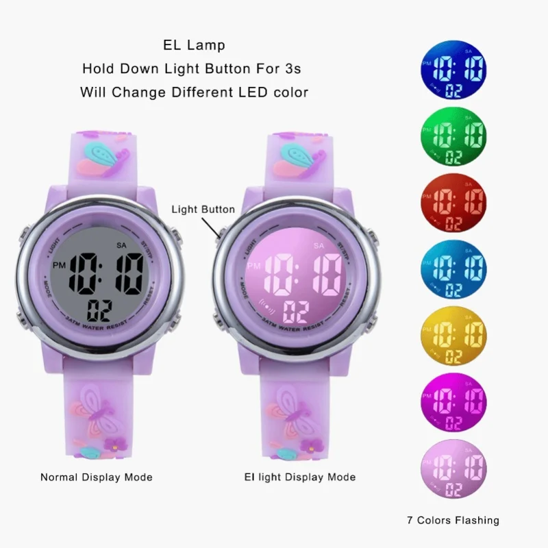 LED enfants montre étanche rétro-éclairage dessin animé numérique enfant montre avec réveil chronomètre pour 3 à 10 ans violet clair