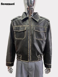 Nerazzurri Spring Autumn Cool Vintage Distressed Pu Leather Jacket Men Zipper Luxury Designer American Retro Clothes 2024
