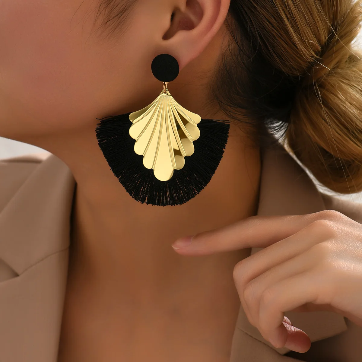Bohemian fan shaped tassel earrings with fashionable ripple design and exaggerated style earrings view 4